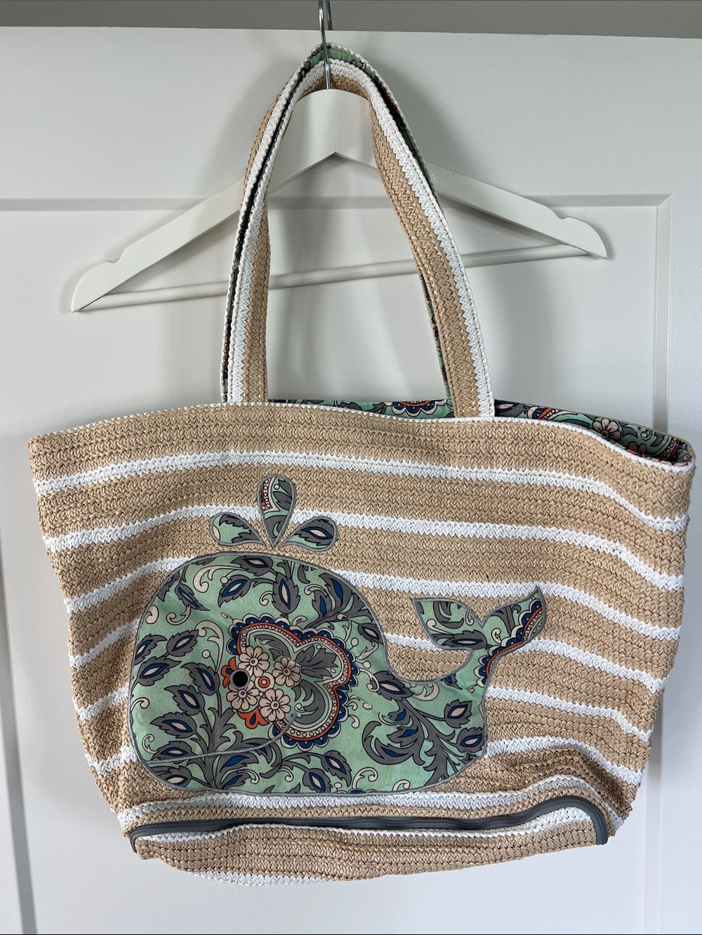 Vera Bradley Striped Straw Tote with Floral Whale Accent - Beige/White